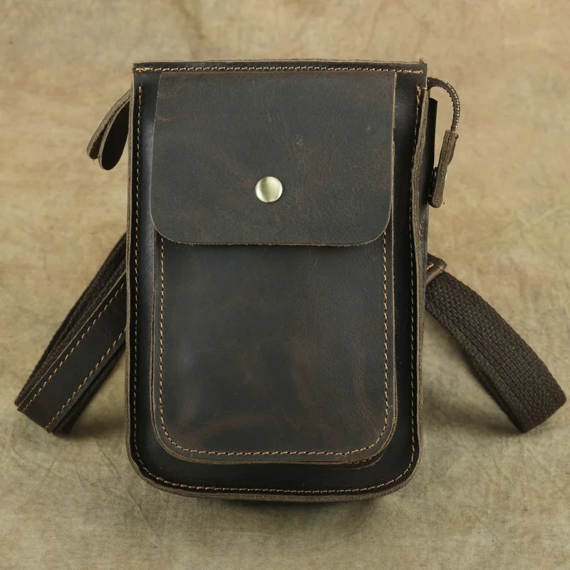 Tas Pinggang Pria - Kantong Ikat Pinggang Ponsel 7 Inch Kulit Asli Crazy Horse