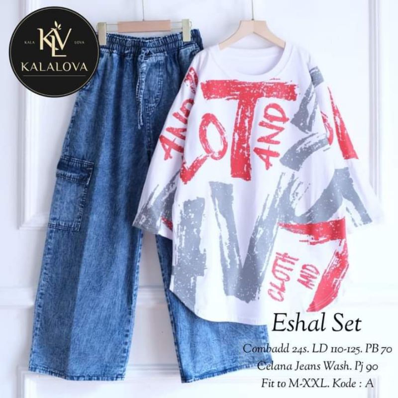ESHAL SET  CELANA KULOT JEANS ATASAN KATUN COMBAD