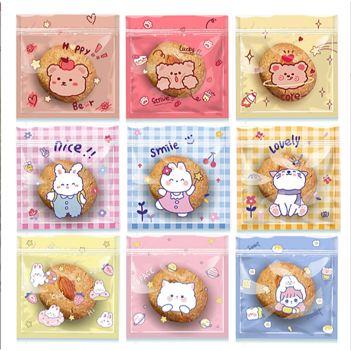 

50pcs plastik cookies ziplock motif kartun lucu 13,5cm x 13,5cm plastik snack aesthetic