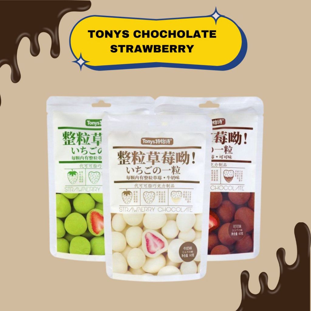 

SNACK Buah Tonys Chocolate Strawberry HALAL Dengan Buah Strawberry Pilihan Yang Dilapisin Coklat|Snack Import Halal|Coklat Isi Stroberi Rasa Vanila Kokoa Matcha