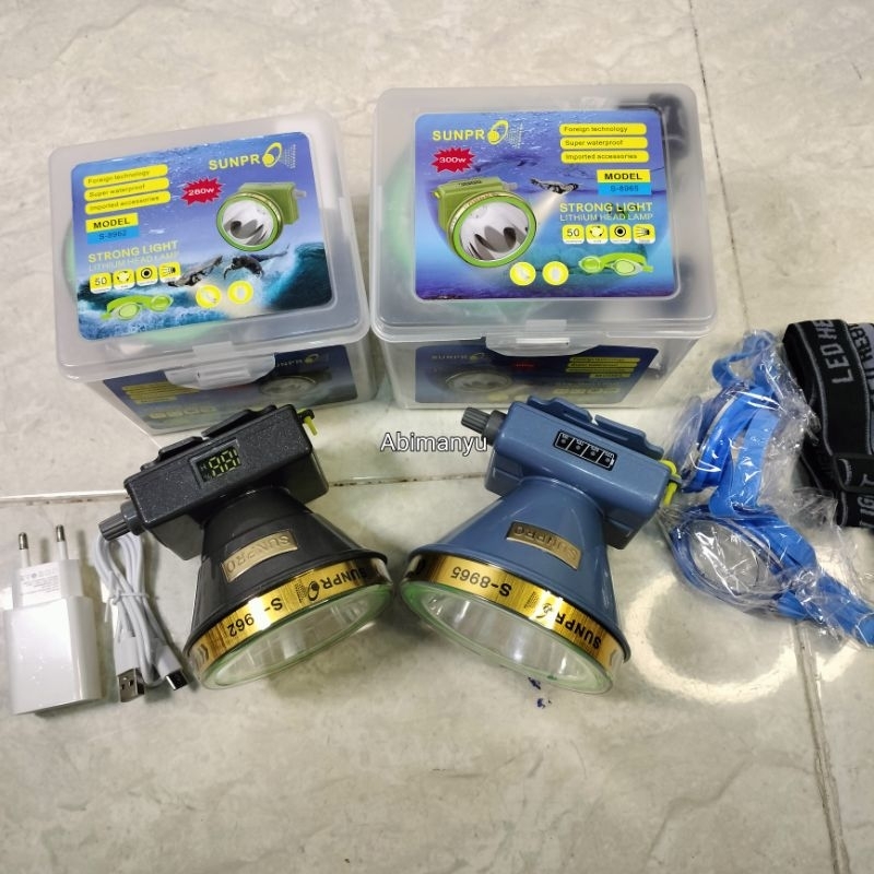 senter kepala selam tombol putar / dimmer 280 watt dan 300 watt sunpro strong light baterai lithium 