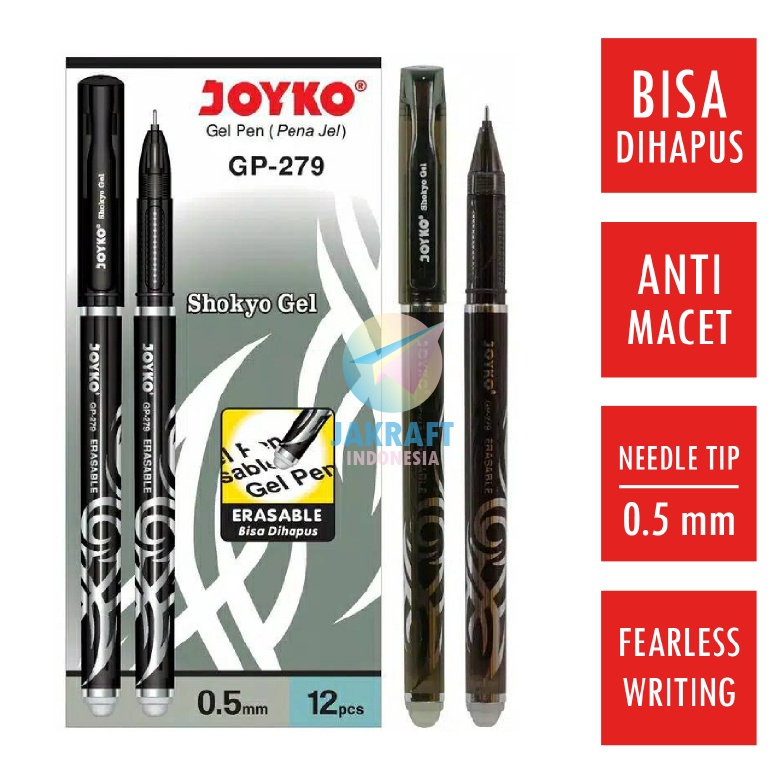 

WOW 12 Pcs Pulpen Bolpen Erasable Gel Pen Bisa Dihapus JOYKO GP279 SHOKYO Needle Tip Hitam 5 mm