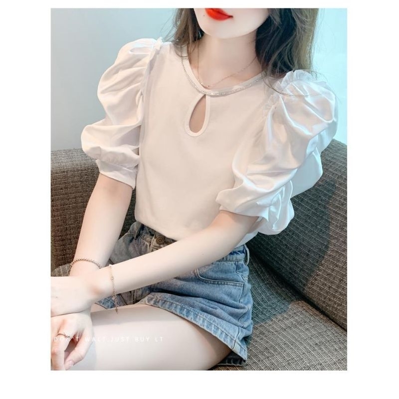 blouse wanita warna putih model cantik korea lengan pendek elegant