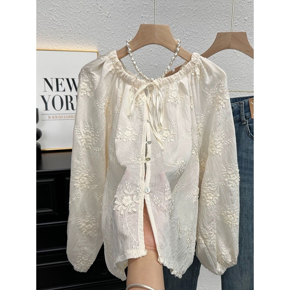 Baju Renda Lengan Panjang Gaya Prancis, Baju Atasan Tali Lengan Panjang Lembut, Desain Peramping Can