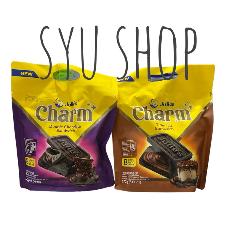 

Julies charm charms double chocolate tiramisu sandwich biscuit biscuits 172gr