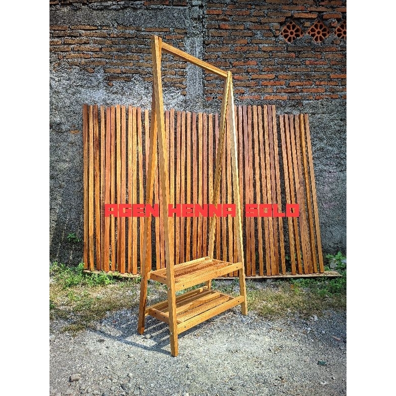 STAND HANGER DOUBEL GANTUNGAN BAJU DAN RAK M SERBAGUNA FULL KAYU JATI BERKWALITAS FINISING RAPI