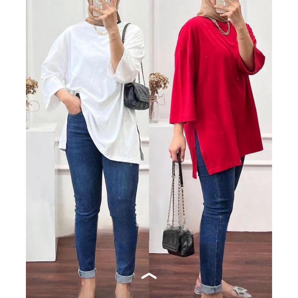 CHERON - Kaos Polos Merah Putih Oversize Slit Distro Wanita Fit XL XXL Baju Polos Atasan Oblong Cewe