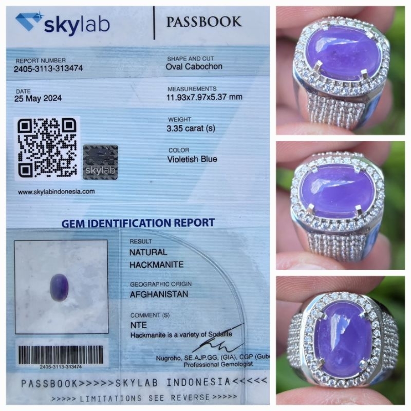 Natural Rare Gemstone Hackmanite Sertifikat 3.35 crt