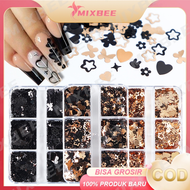 Hiasan Nail Art -6 Grid Tempelen Nail Art - Payet Nail Art - Hiasan Love Bintang Bulan Nail Art / Be