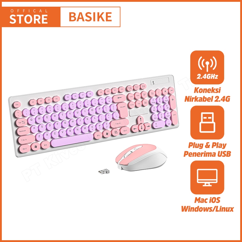(HOT)BASIKE Keyboard Mouse Wireless PC Laptop Office Gaming Mechanical 104keys mini Portable Makaron