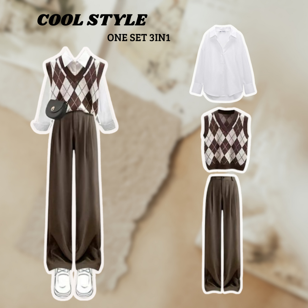 Korean One Set Korean Style Outfit Cewe Kekinian Viral Set Cewe Kekinian (Vest+Kemeja+Celana)