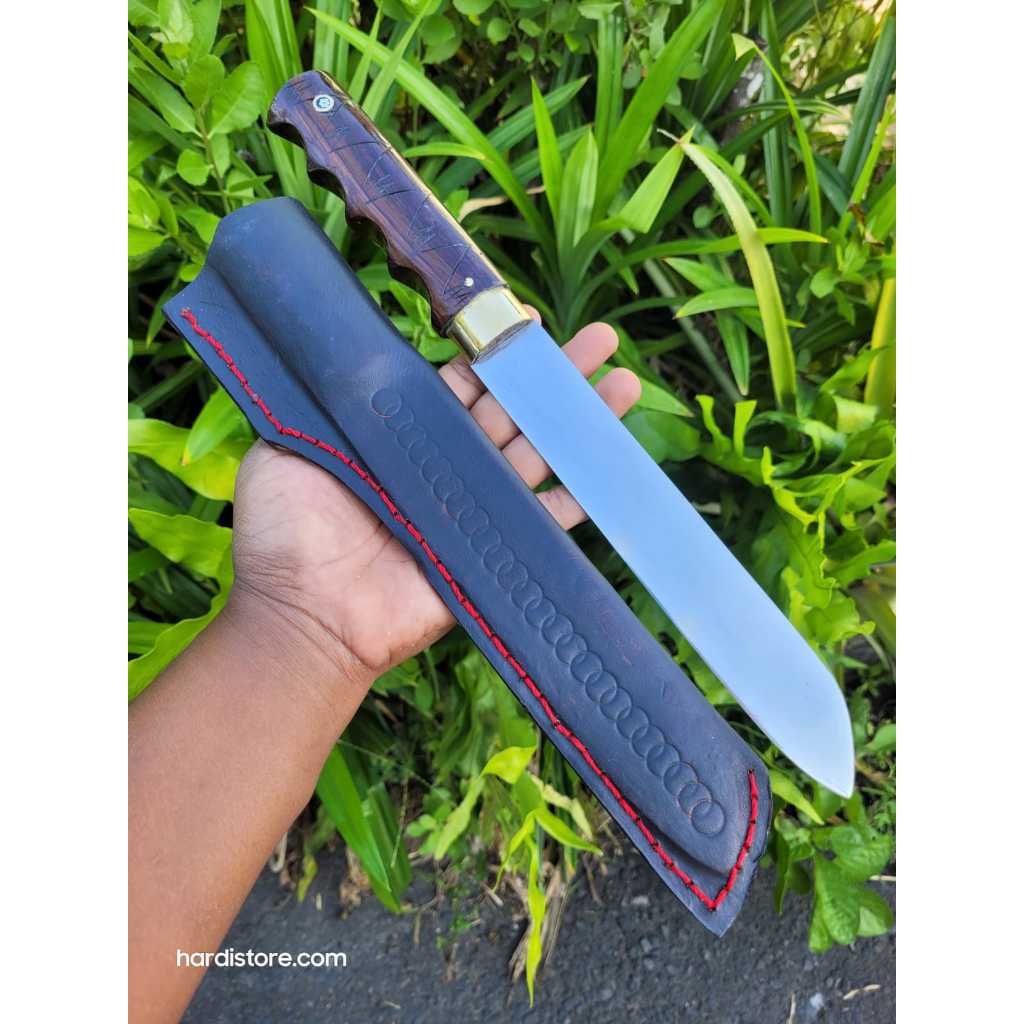 ID PISAU SEMBELIH KAMBING DAN UNGGAS 20 CM BAJA L6 HANDLE KAYU SONOKELING, SARUNG KALB HITAM