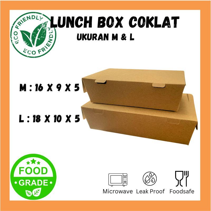 Paper Lunch Box / Kotak Makan Kertas Kraft Laminasi PE Coklat Dos Kemasan Nasi M 16x9x5 & L18x10x5