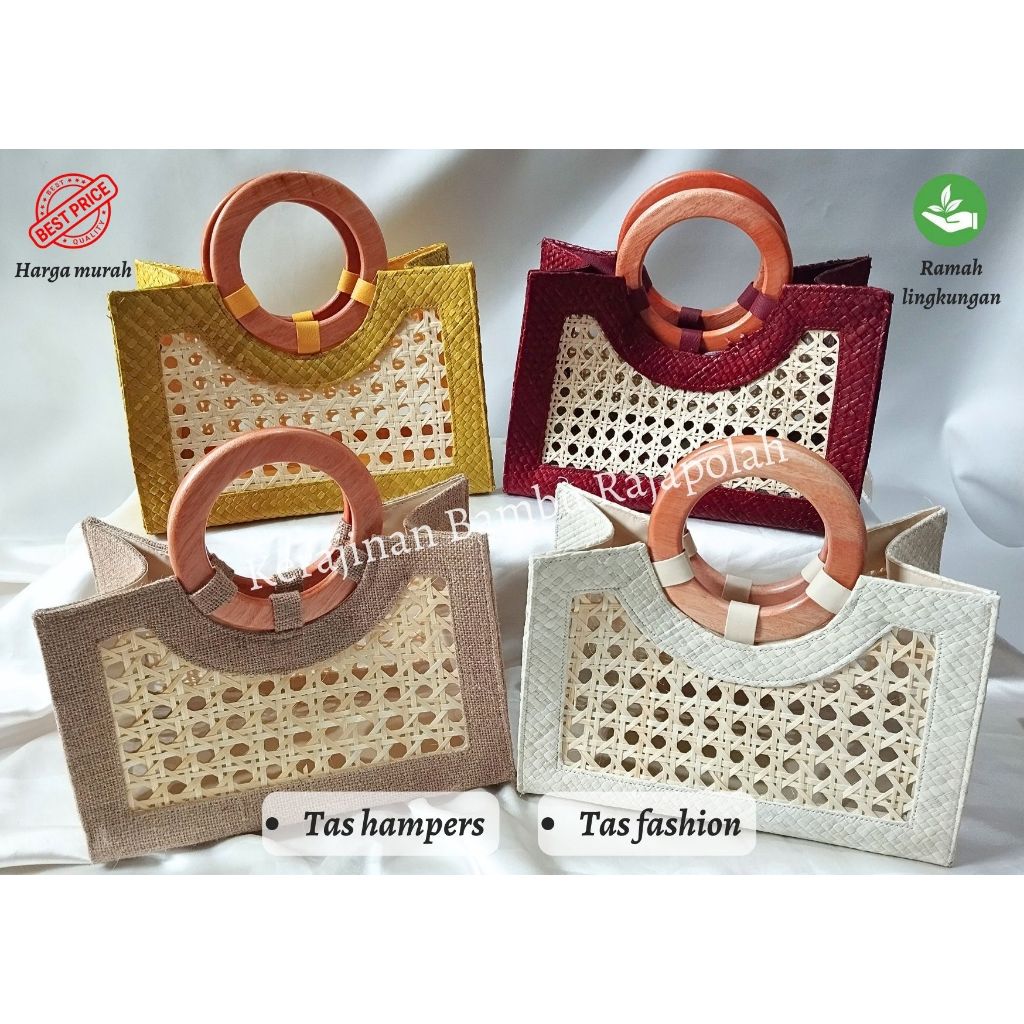 tas pandan anyaman/tas hampers handle kayu/souvenir pernikahan/tas etnik anyaman bambu