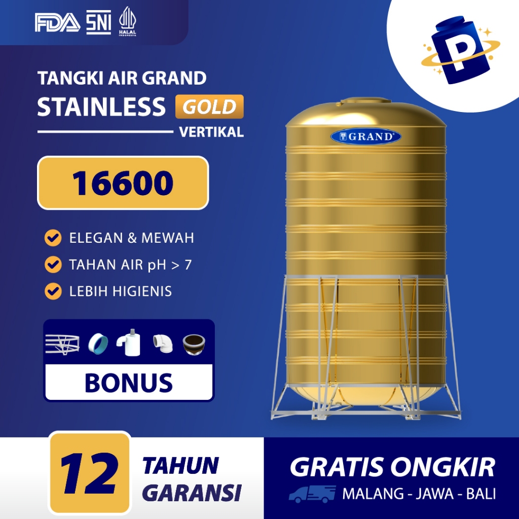 Toren Tandon Air Tangki Stainless Grand TSV 16000 10000 Liter Anti Karat FDA Halal Garansi 12th Free