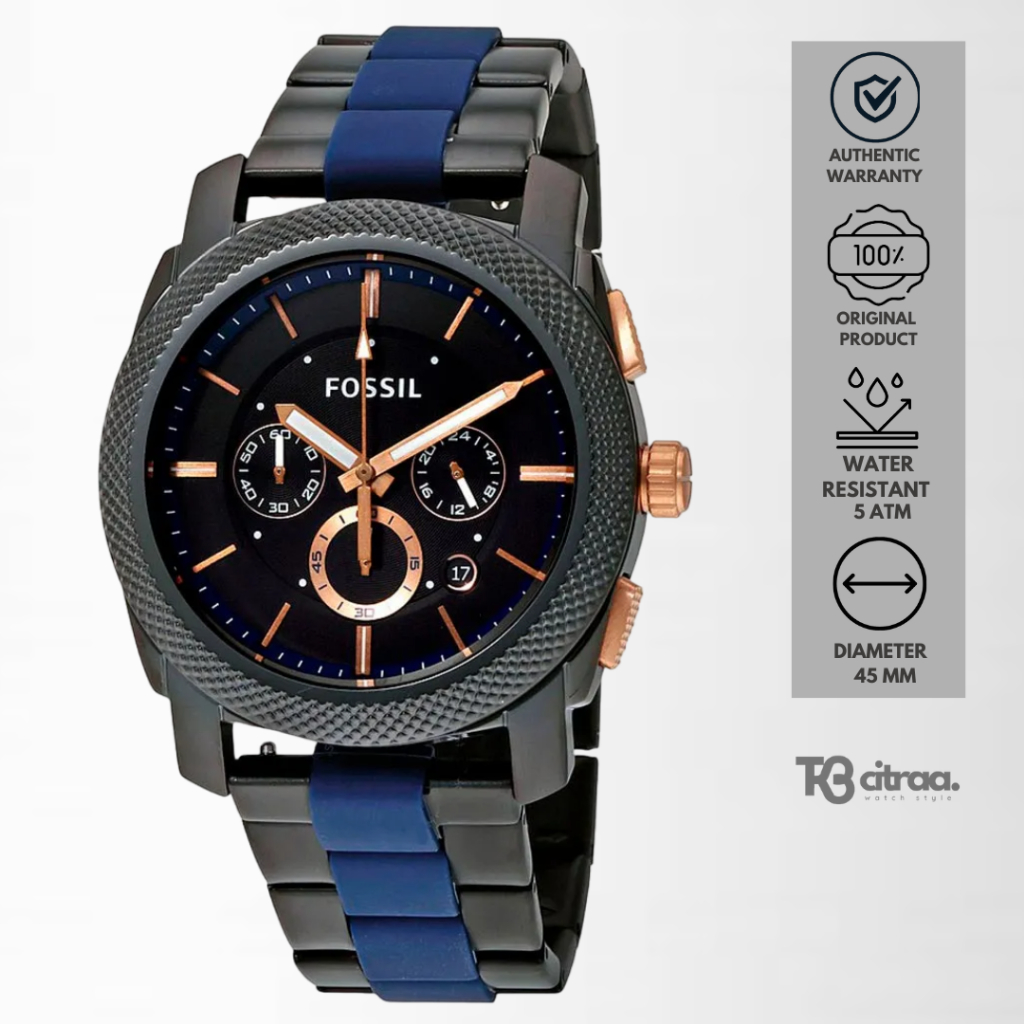 jam tangan pria Fossil Machine analog strap rantai combinasi chronograph Two Tone Black Dial Stainle