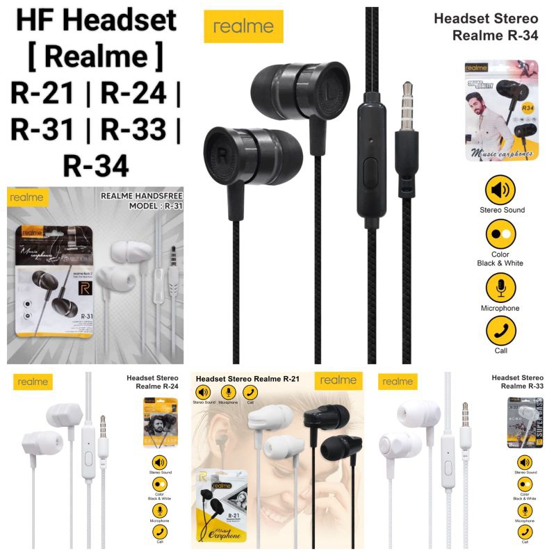 HF Headset [ Realme ] R-24 | R-24 | R-31 | R-33 | R-34 | Extra Bass ORI + Wicth Mic | Kwalitas Bagus