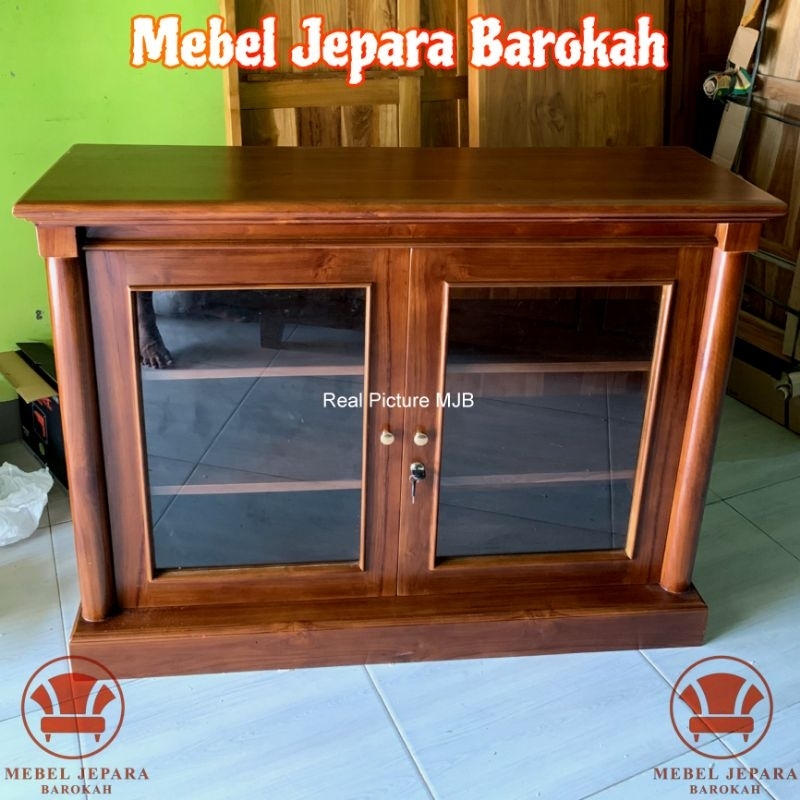 Lemari Kabinet 2 Pintu Kaca 3 Rak Kayu Jati Minimalis Kabinet TV Serbaguna