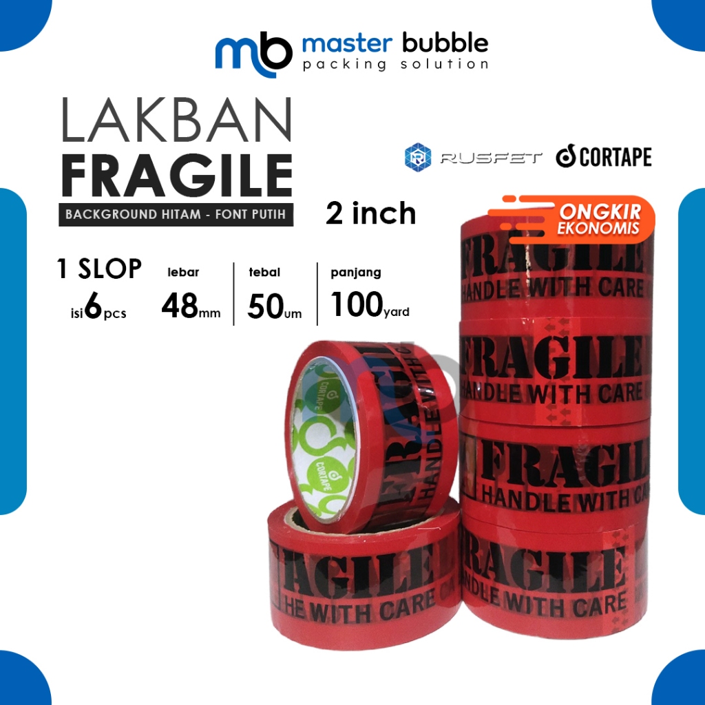 Lakban Fragile Merah Hitam Cortape 2inch 48mm x 100meter Harga Per-Slop 6 Roll Ekonomis Murah