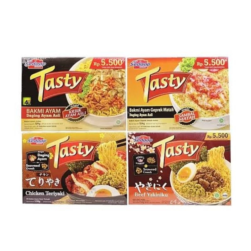 

SEDAAP TASTY BAKMI AYAM | AYAM GEPREK | CHICKEN TERIYAKI | BEEF YAKINIKU NETTO 129 GR