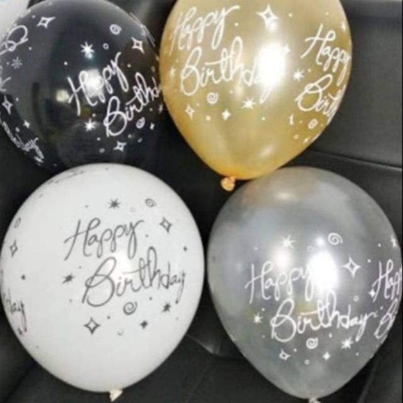 Balon Happy Birthday / Balon Latex Happy Birthday Gold, Silver, Putih, Hitam