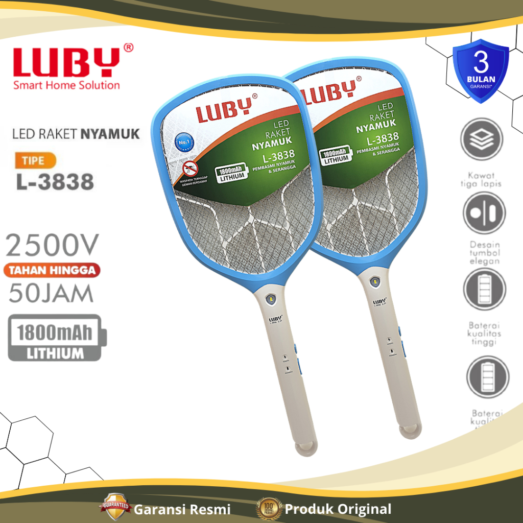 Raket Nyamuk LUBY L3838 Rechargeable / Perangkap Nyamuk Elektrik Dengan Lampu / Raket Nyamuk Elektri