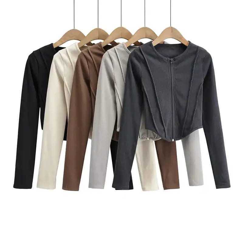 Knit Zip Coluna Crop Top Korean Style - Atasan Wanita Zipper Crop
