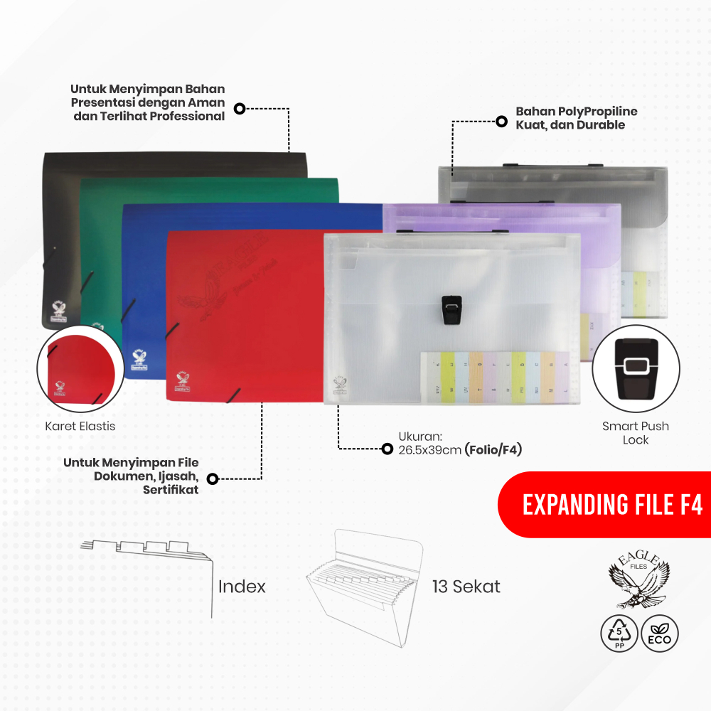 

Expanding File F4 (Folio) EAGLE 13 Pocket Sekat Dengan Tali Karet Elastis / Banded Expanding File