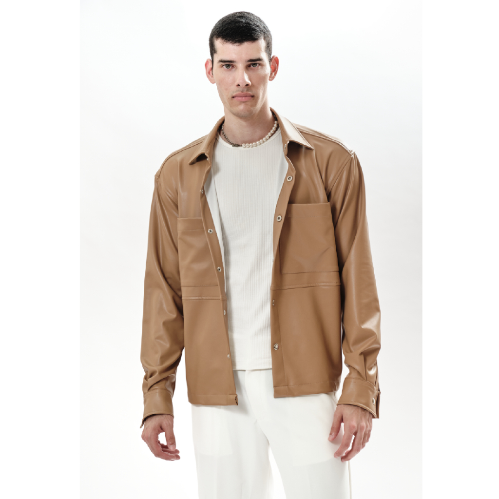 OCWA OVERSIZED ELON CARAMEL BROWN LONG SLEEVE LEATHER SHIRT