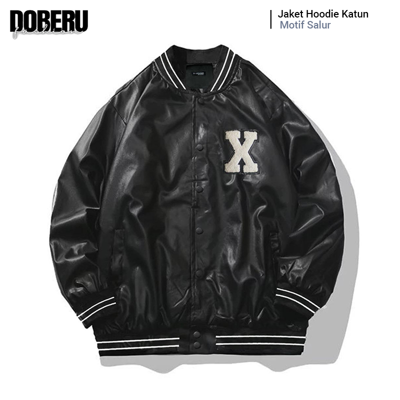 Jaket Varsity Kulit Hitam Polos Korean Style