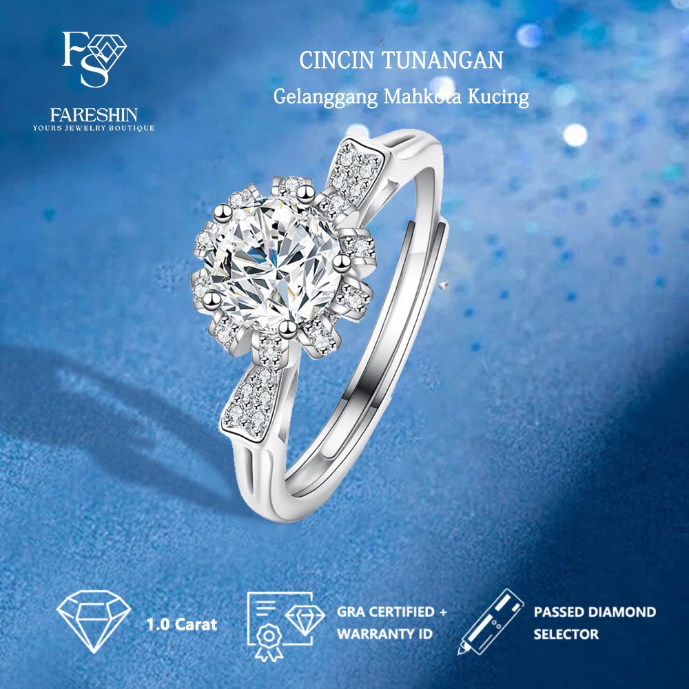 Fareshin Jewellery-Cincin Tunangan Perak Asli Moissanite Gelanggang Mahkota Kucing White Gold 18K