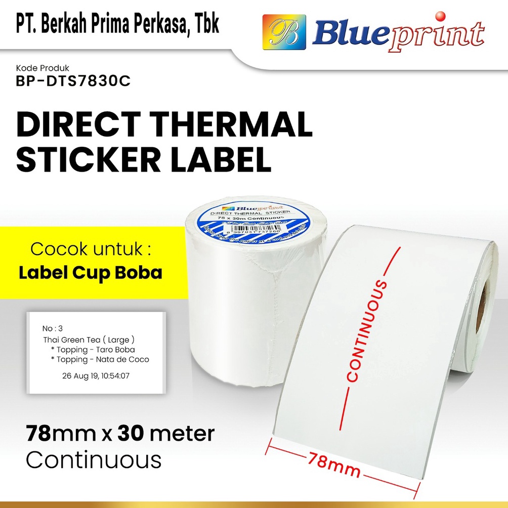 

Direct Thermal Sticker Label Continuous 78 x 3 M BLUEPRINT 78x3 Meter 1 Roll KODE F1H8
