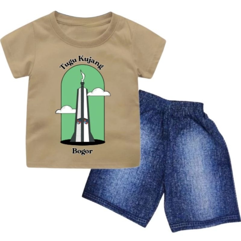 Setelan kaos anak laki-laki semi jeans motif Tugu kujang bogor