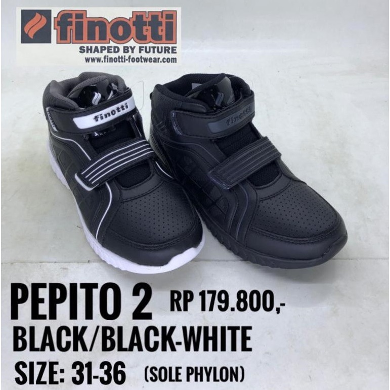 Finotti Pepito 2 - Sepatu Sekolah Anak Hitam Polos Premium || Sepatu Sneaker Tempel Size 31-36