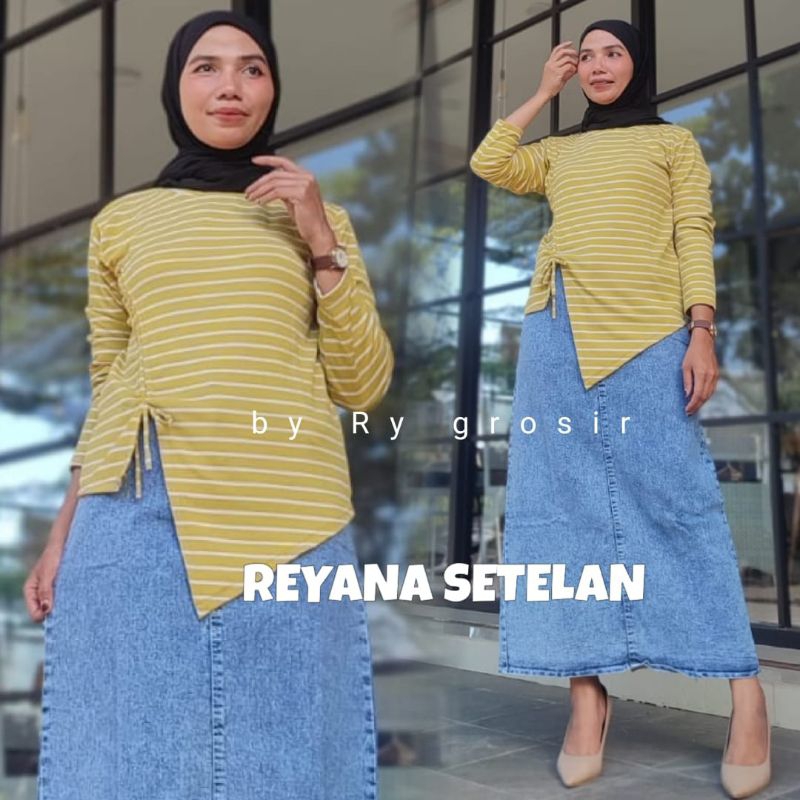 Setelan Wanita Reyana Atasan Knit + Rok Span Jeans Terbaru