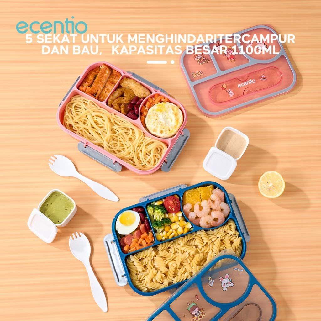 Lunch Box Set Ecentio 4 Sekat / Ecentio Kotak Bekal Makan Set 1100 ml 4 Sekat dengan Sticker BPA Fre