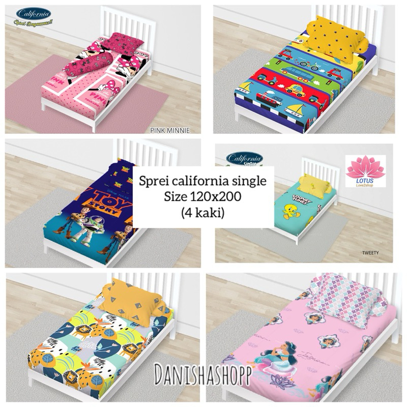 SPREI CALIFORNIA SINGLE SIZE 120X200 SPREI 4 KAKI. SPREI BED SORONG. SPREI ANAK. SPREI KARAKTER