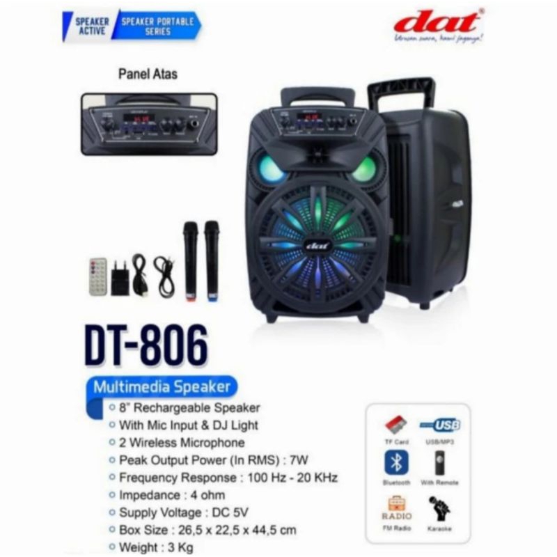 Speaker Portabel Dat-806 8inch 2 mic wireless original