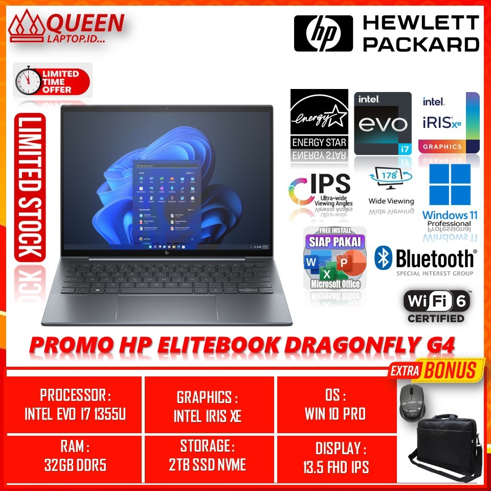 LAPTOP HP ELITEBOOK DRAGONFLY G4 INTEL EVO I7 1355U RAM 32GB SSD 2TB NVME 13.5 FHD IPS TOUCHSCREEN