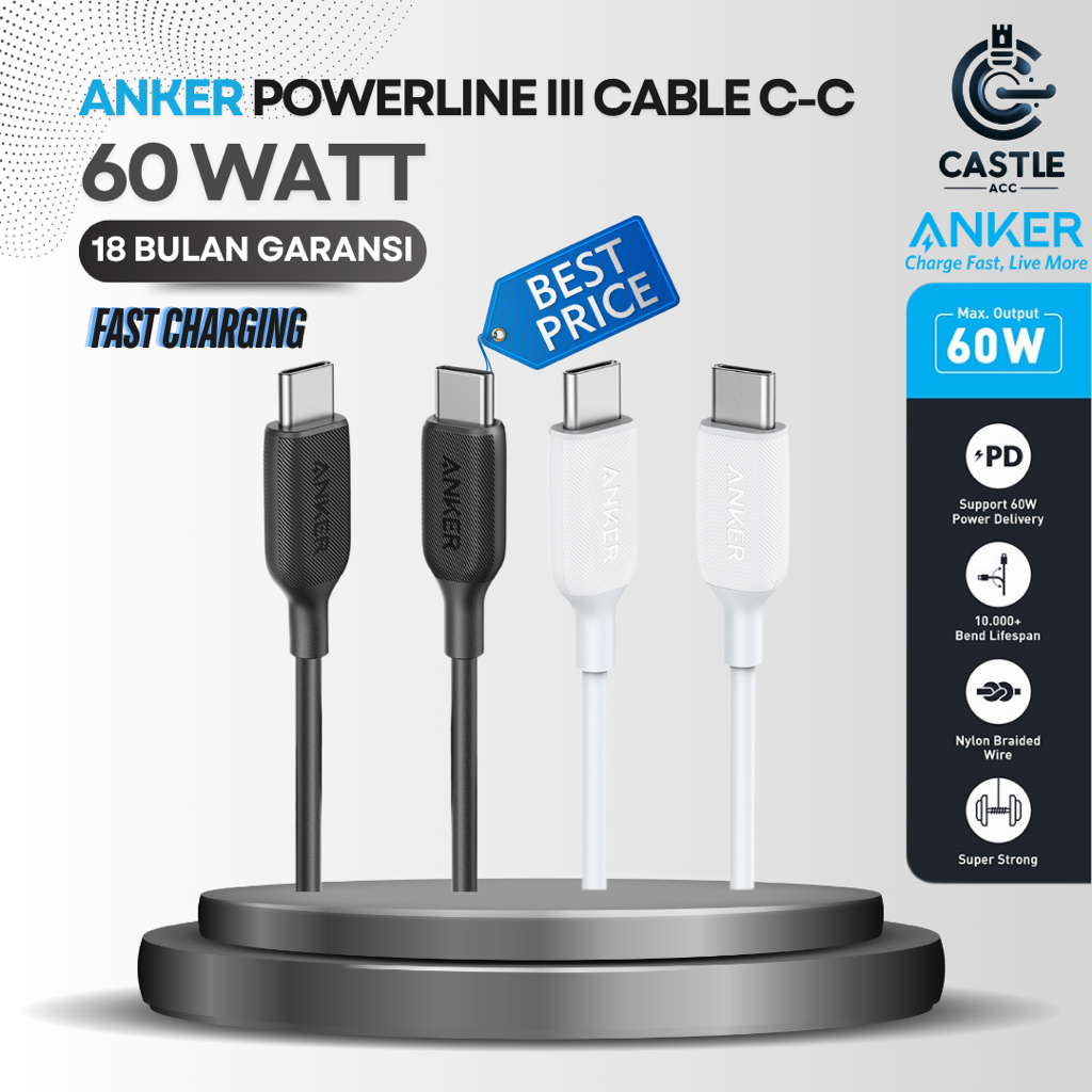 ANKER POWERLINE III KABEL CHARGER TYPE C TO TYPE C 60 W | PVC RUBBER