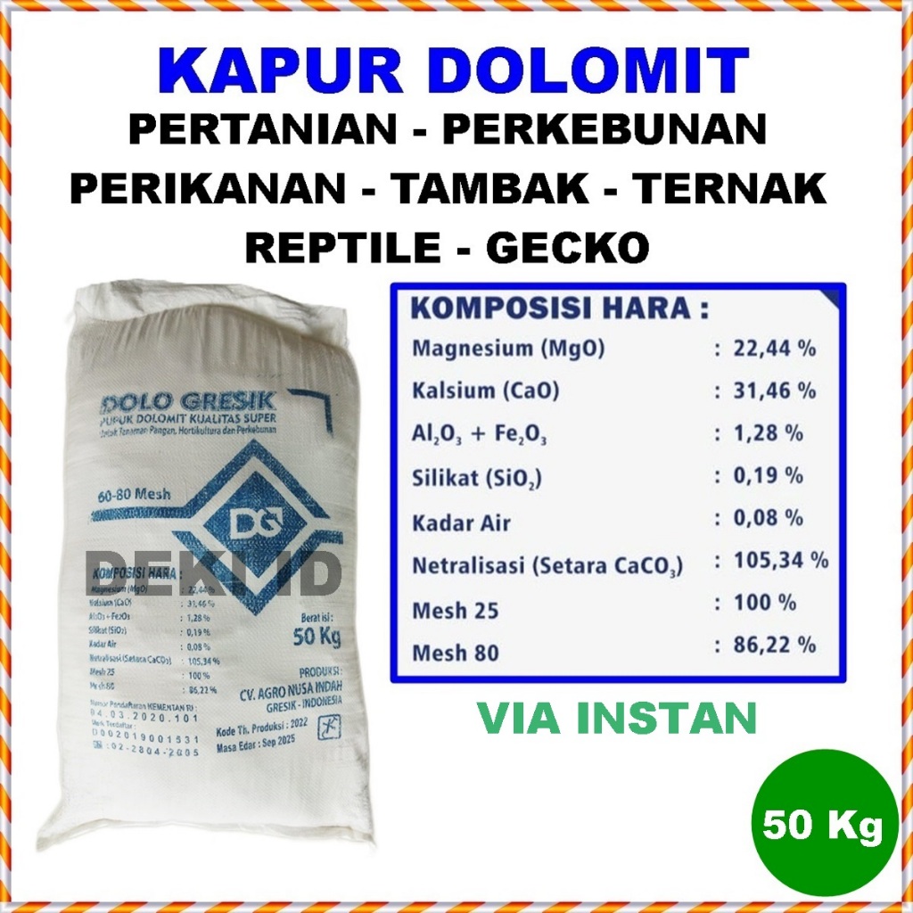 Kapur Dolomit 50 Kg Via Instan Pupuk Dolomite Kalsium Super Pertanian Tani Ternak Tambak Alas Gecko 