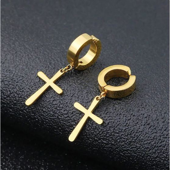 Anting Jepit Salib Polos Pria / Anting Bulat Tanpa Lubang Telinga Palsu Bahan Anting Titanium Steel 
