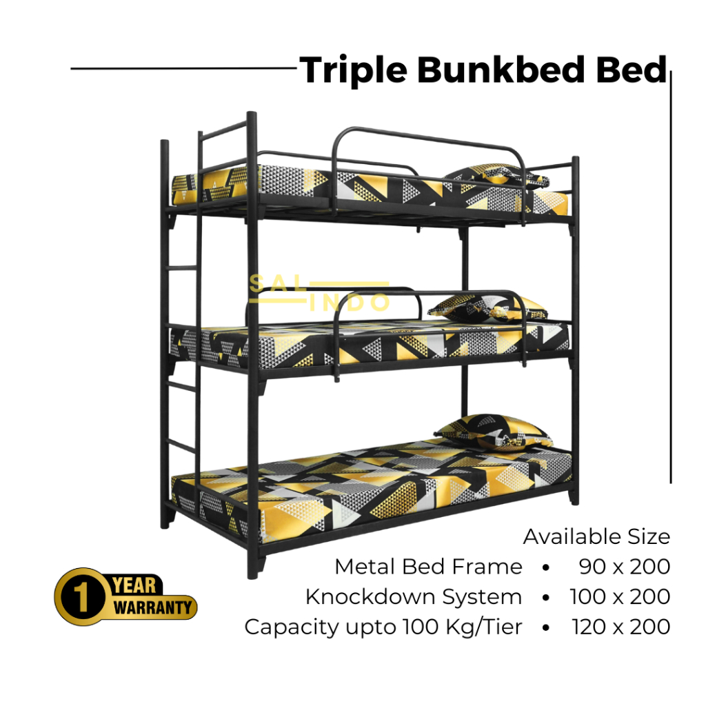 Metal Triple Bunkbed Ranjang Besi 3 Tingkat 90x200 100x200 120x200 ST (S3)