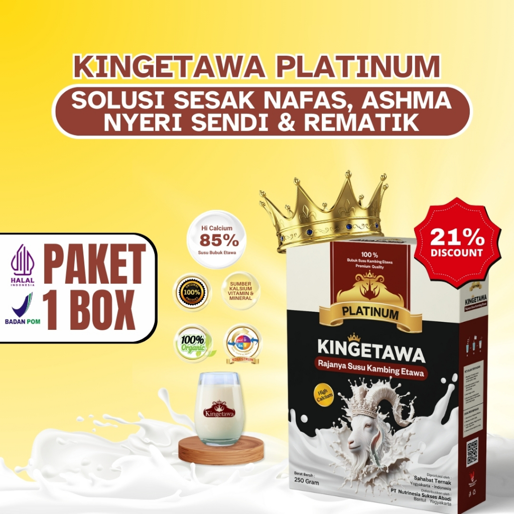 

Kingetawa Platinum Susu Kambing Etawa Tinggi Kalsium Untuk Keluhan Pernafasan Ashma & Nyeri Sendi