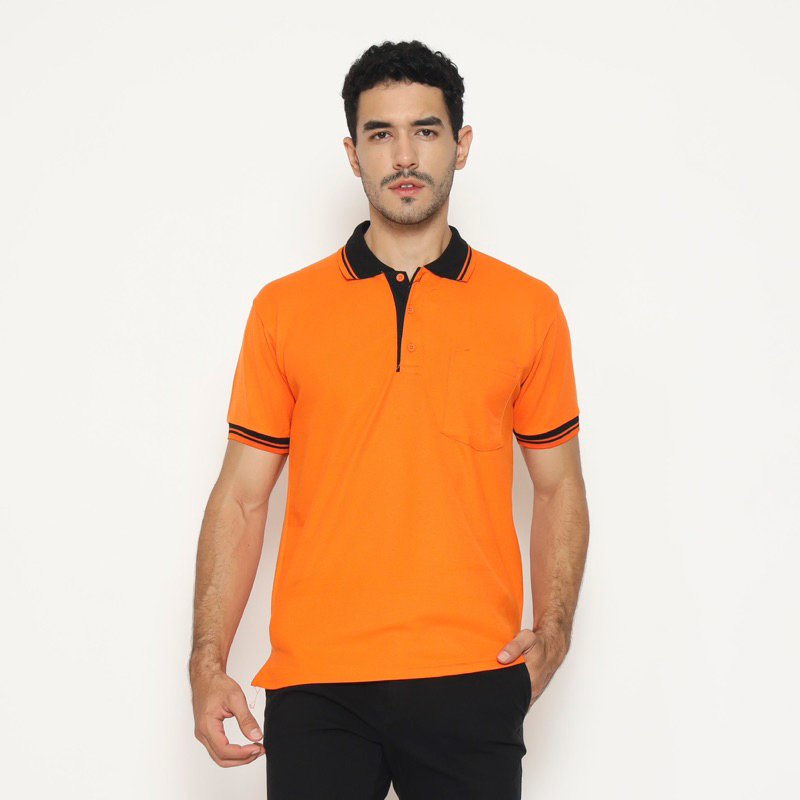 KAOS POLO SHIRT - ORANGE - KERAH HITAM - SAKU
