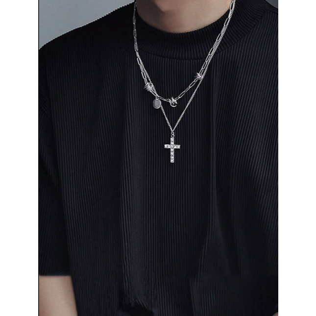Kalung Double 2 Mata Bulat & Salib Korea / Layered Chain with Cross Pendant Necklaces for Men Cuban 