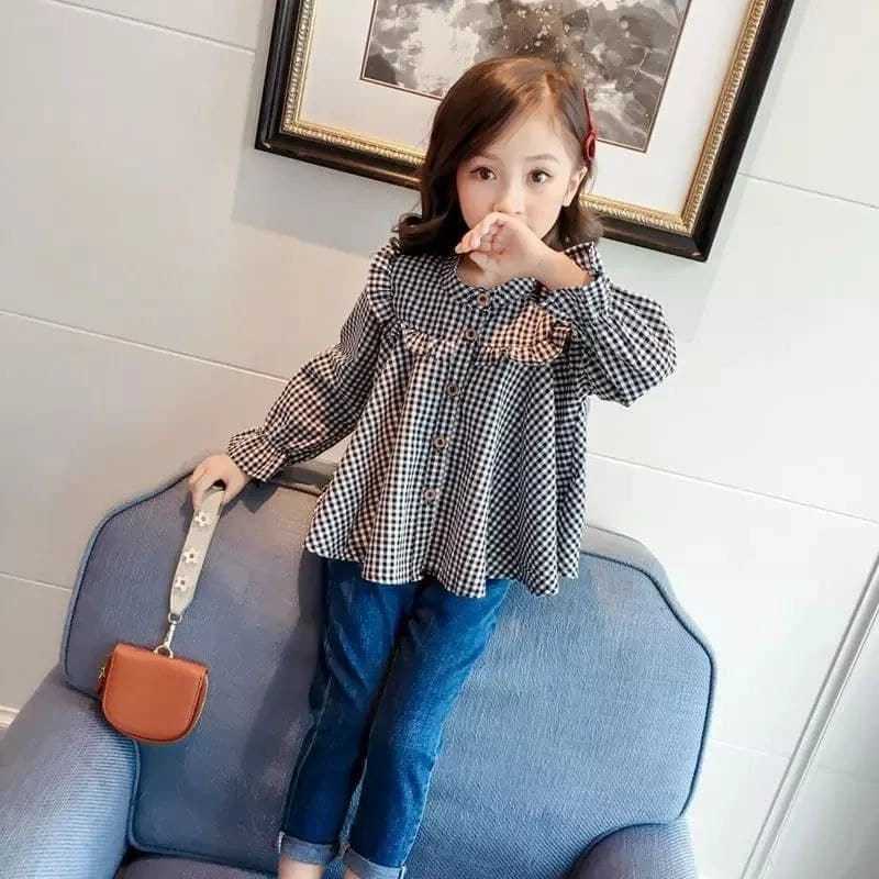 Kemeja anak perempuan motif kotak-kotak korean style / blus anak perempuan 3-12 tahun aksen kancing