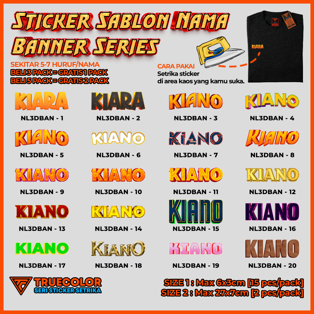 

TRUECOLOR (2 Size) Sticker Label Nama Kaos, Sablon Setrika Custom Nama dan Kata – BANNER Series