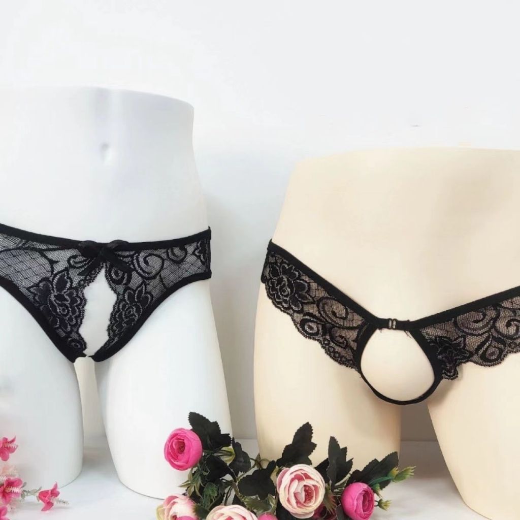 Women's slit thong with perspective and sexy large hollow out men's T-pants, passionate for couples