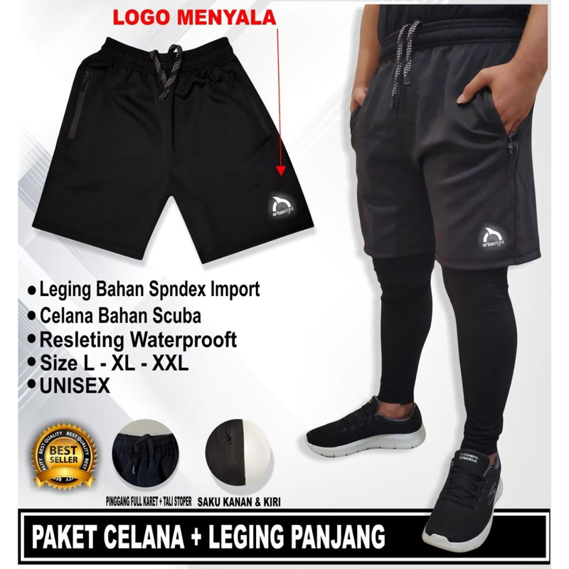 Paket 2 in 1 Celana pendek Scuba + Legging panjang import Gym Futsal / Celana olahraga dan Leging Im